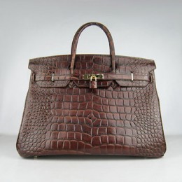 Hermes Birkin 40Cm Crocodile Stripe Handbags Dark Brown Golde